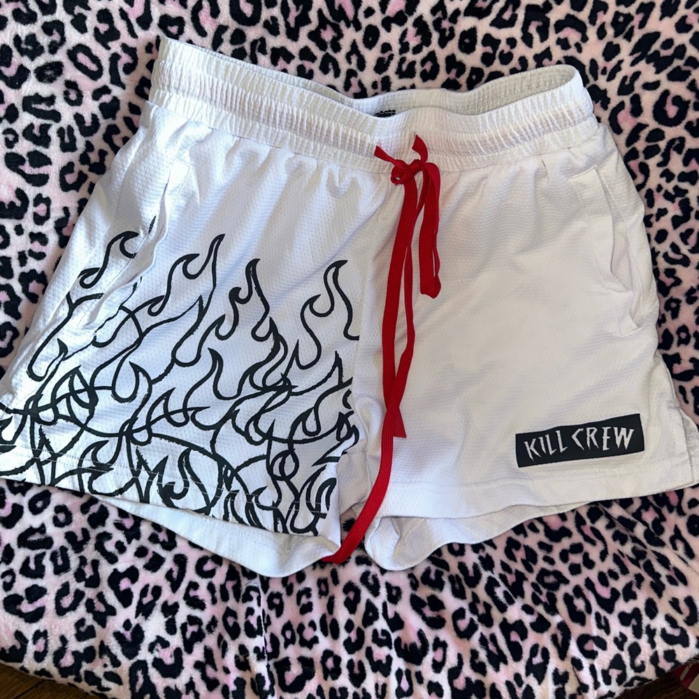 Kill Crew White Athletic Shorts with Black Flame Print and Red Drawstring